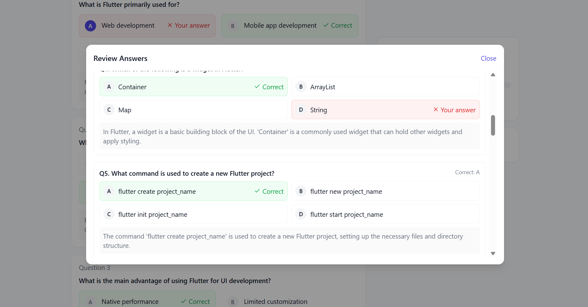 Screenshot of a quiz result page