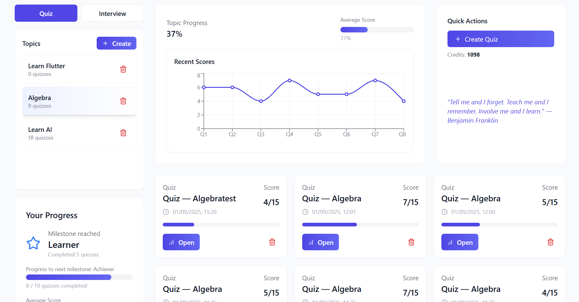 AI Quiz Maker Dashboard Preview